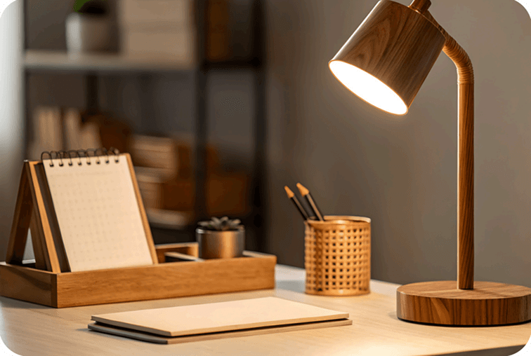 Desk setup with notebook and lamp